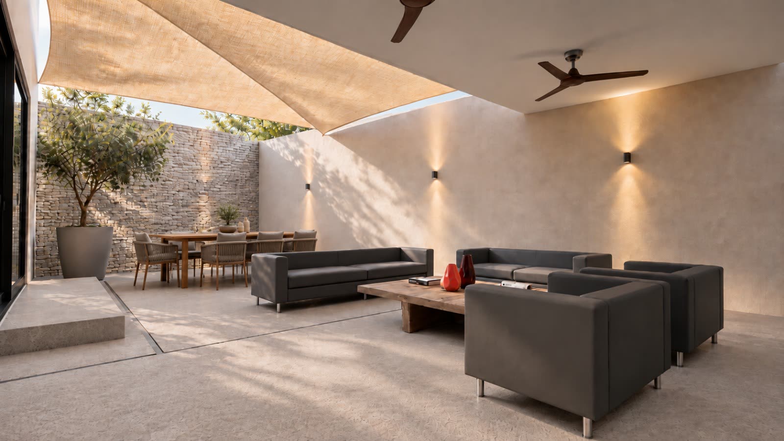 Render de terraza y área exterior del proyecto Santa Fe